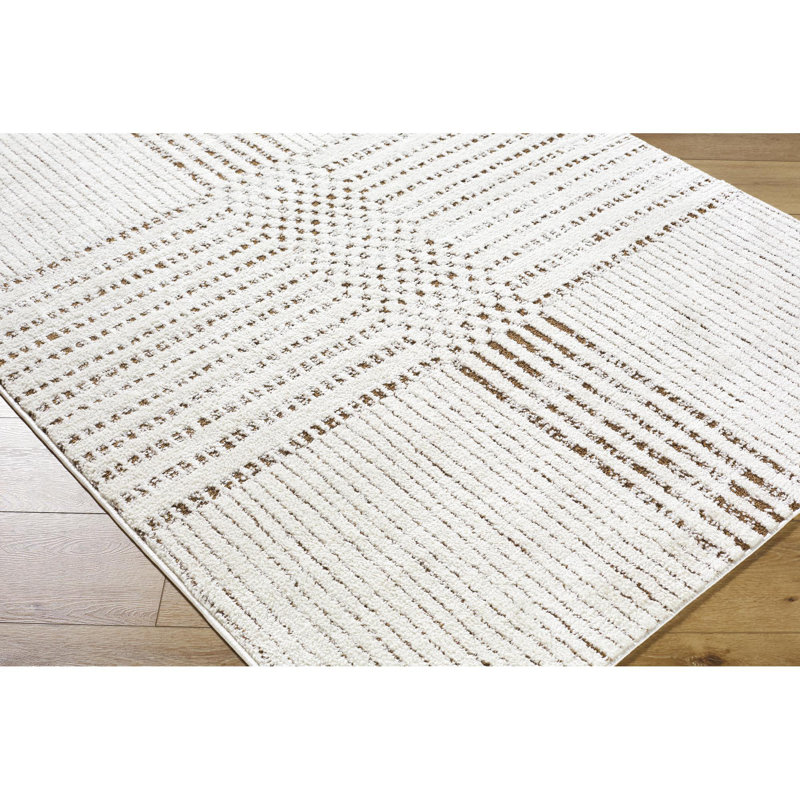 Ivory and Dark Brown Geometric Polyester Area Rug, 6'7" x 9'