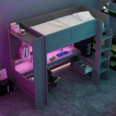 Lit mezzanine avec bureau Gaming, tablettes multi-rangements, DEL et station de charge, gris foncé