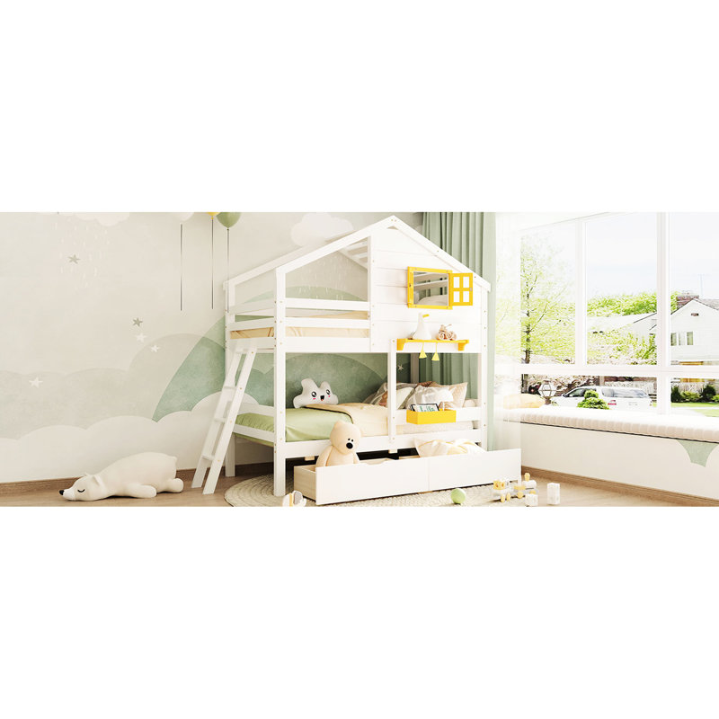 Lit simple superposé au-dessus d'un lit blanc avec fonction de sommier - Bois massif robuste pour une chambre à coucher distinctive et polyvalente