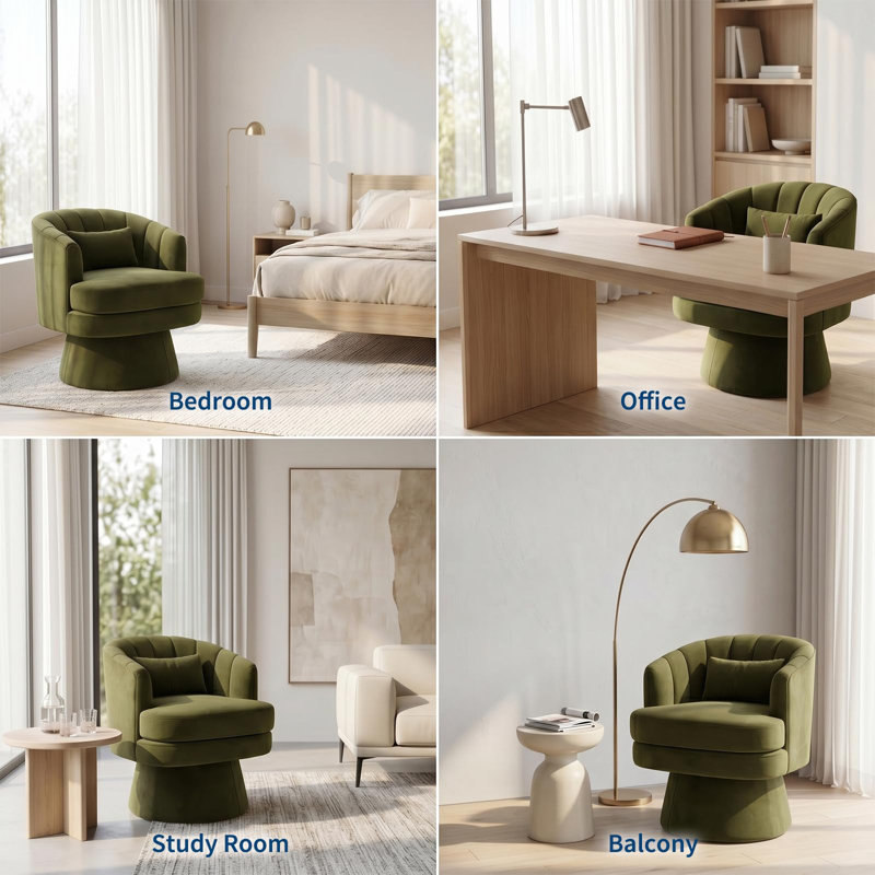 Fauteuil d'appoint pivotant en tonneau avec rembourrage moelleux et coussin lombaire à 360 °, Green Velvet