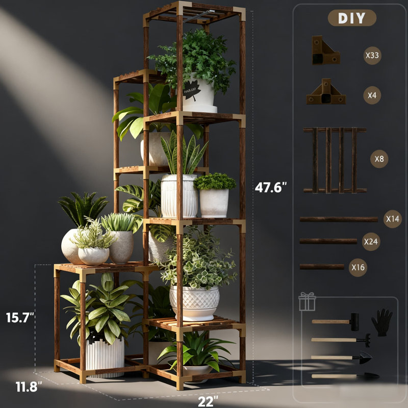 Grand support à plante de coin avec lumières de croissance, étagère en bois pour plusieurs plantes, support de présentation peu encombrant pour le balcon du salon
