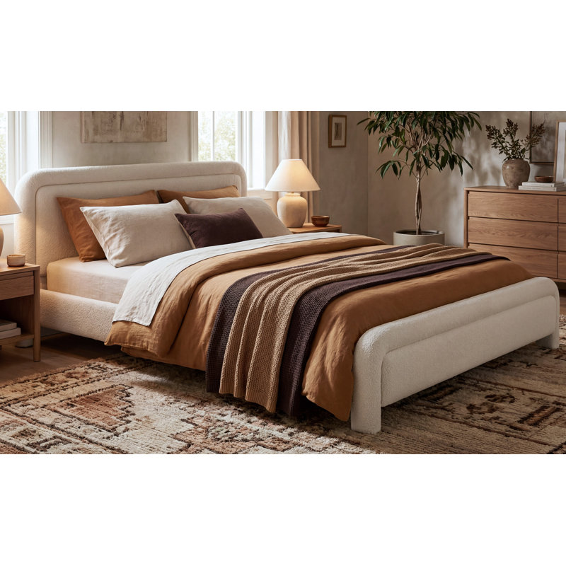 Cadre de lit plateforme grand rembourré avec tête de lit courbée, lit en tissu Boucle moderne avec support en lattes de bois, aucun sommier requis, assemblage facile