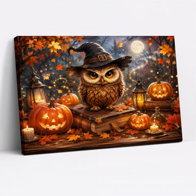 Chouette au chapeau de sorcière avec citrouilles incandescentes, art mural d'Halloween