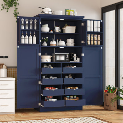 Freestanding Kitchen Pantry Cabinet, Tall Storage Cabinet With 4 Doors, 2 Door Shelves, 8 Pull-Out Trays And Adjustable Shelf For Dining Room