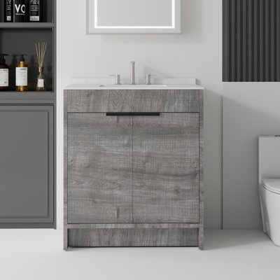 Meuble-lavabo autoportant de 30 pouces avec lavabo en céramique, armoire en contreplaqué, portes à fermeture en douceur, comptoir et dosseret en marbre de culture blanc de Carrare, gris