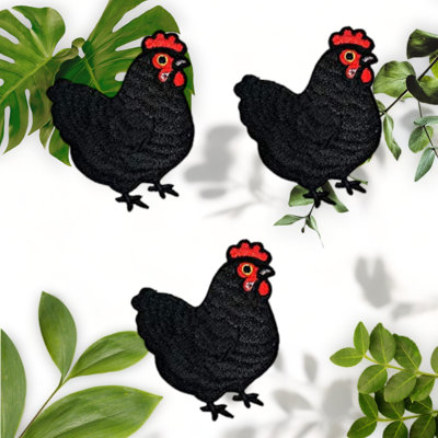 Farmyard Feathers Trio of Black Chicken Iron-On Patches