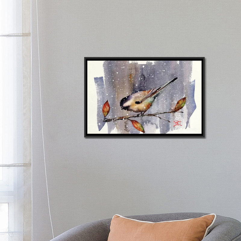 « chickadee snow » par dean crouser,, reproduction d’impression sur toile tendue, H 18 po x l 26 po x P 1,5 po, Pas de tapis