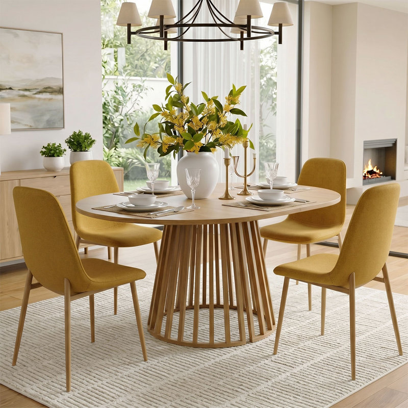 4- Person Dining Table Sets With Extendabe Oval Table & 4 Upholstered Dining Chairs, Yellow