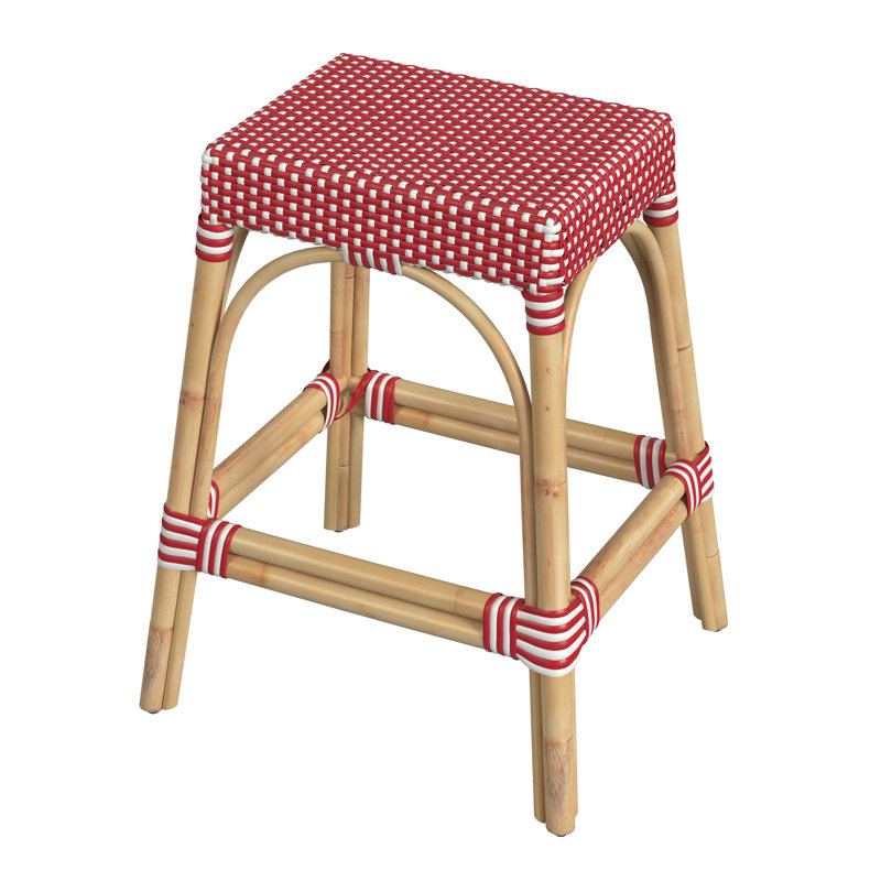 Tabouret de comptoir / de bar Lennart, Cadre rouge / blanc à pois / rotin naturel