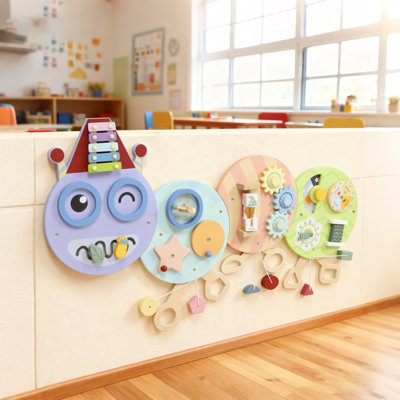 Caterpillar Montessori Busy Board, Kids Sensory Wall, 7 Activities