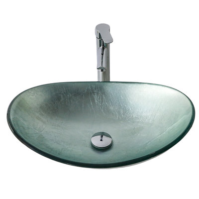 Lavabo de salle de bain vasque en verre trempé artistique avec drain chromé - Forme de bateau argentée au-dessus du comptoir | Idée de cadeau