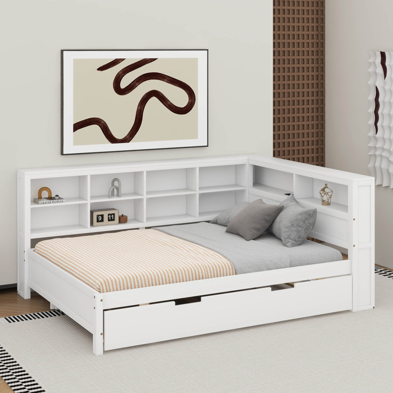 Lit de jour double en bois avec couchette, tablette de rangement et ports de chargement USB, White