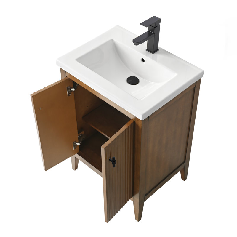 Single Bathroom Vanity with Ceramic Top, Linear Walnut, Matte Black, 24"