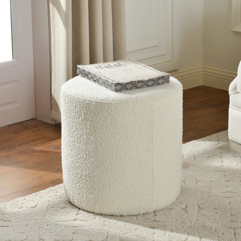 Brynnen 18'' Wide Modern Round Upholstered Ottoman, White Boucle