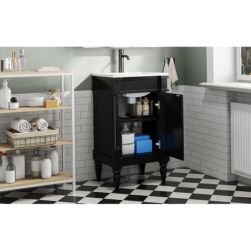 Meuble-lavabo moderne de 18 po avec lavabo, meuble de rangement avec porte, autoportant pour petit espace, lavabo simple, tablette réglable, noir