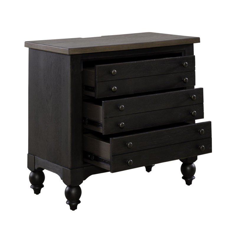 Aisja 3 Drawer Nightstand w/ USB Charging Ports, Black