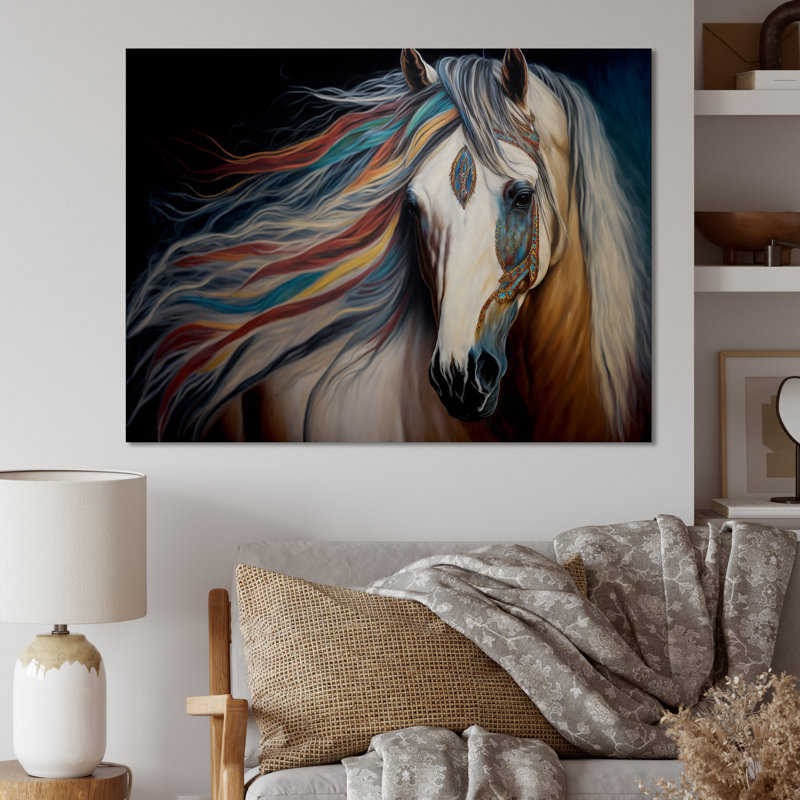 Cheval indien avec crinière colorée I - décoration murale moderne en métal, H 16 po x l 32 po