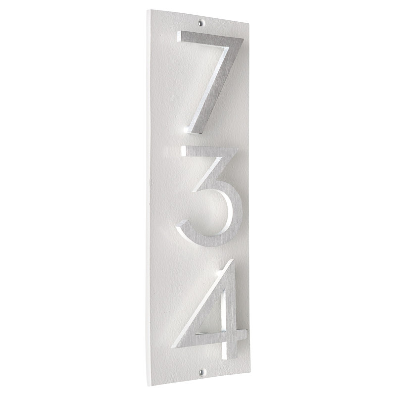Plaque d’adresse murale flottante linéaire, Blanc, Nickel satiné deux tons, Oui