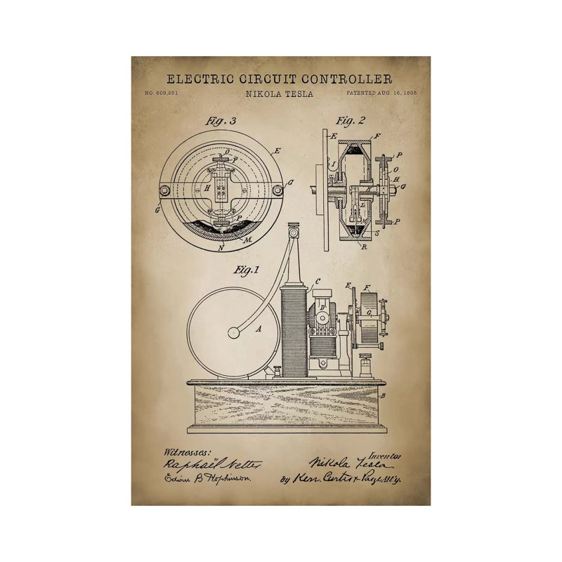 Tesla Electric Circuit Controller, Beige by PatentPrintStore - Wrapped Canvas Gallery-Wrapped Canvas Giclée