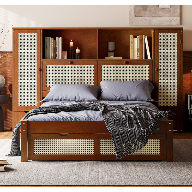Twin Size Wooden Bed with Two Storage Lockers, Drawer, and Storage Shelf on Headboard, Walnut