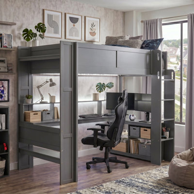 Solid Wood Frame Twin Loft Bed With Desk, Multi-Storage Shelves, LED Lights And Charging Station