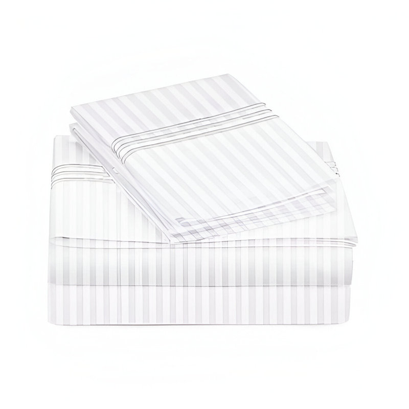 400TC Triple Embroidery Sateen Stripe Cotton 4 Piece Sheet Set Fitted Sheet Fits Upto 16" Deep Pocket, Full XL Sheet Set
