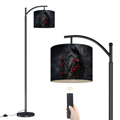 Lampe sur pied arc noir Raven gothique pierre tombale roses rouges foncé Moody Fantasy art lampes sur pied avec télécommande lumières DEL abat-jour réglables hautes lampes debout pour le bureau de lecture salon
