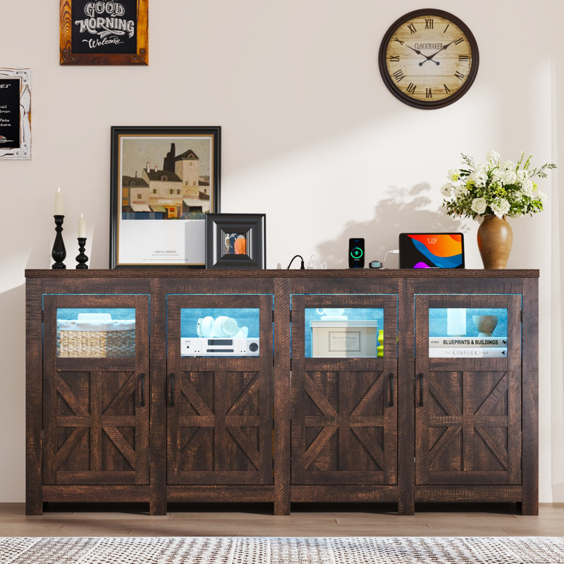 74" LED Farmhouse TV Stand For Tvs Up To 85" With Power Outlets And Adjustable Shelves, Brown, 35.5" H x 74" L x 15.75" W