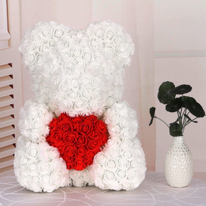 Artificial Foam Eternal Rose Heart-Shaped Bear Heart Gift Box, White;Red
