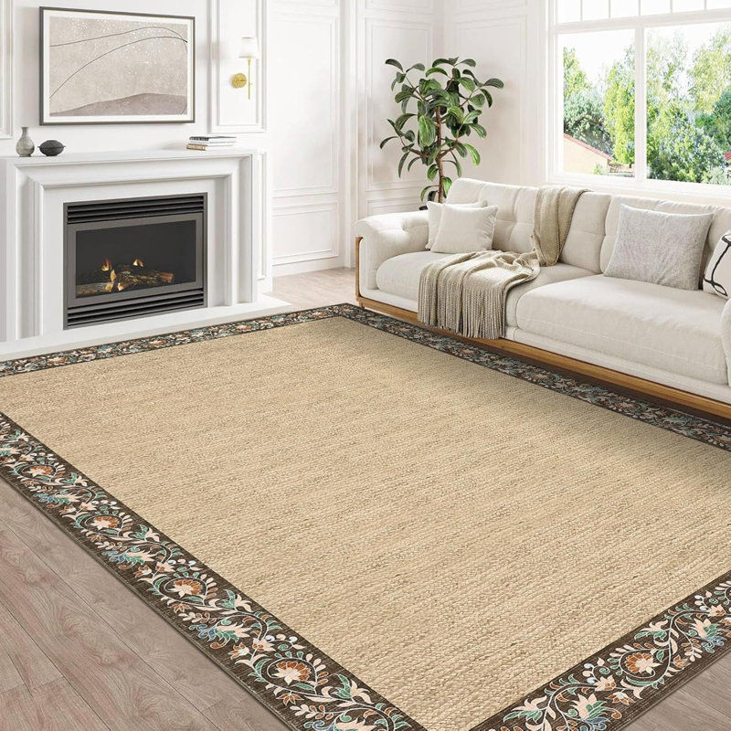Tapis de cuisine à bordure florale minimaliste, antidérapant et lavable, Rectangulaire 8 pi x 10 pi