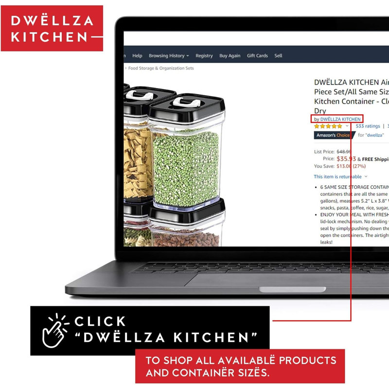 Dwellza Kitchen Airtight Food Storage Containers 1L 6 Piece Set, Clear/Black