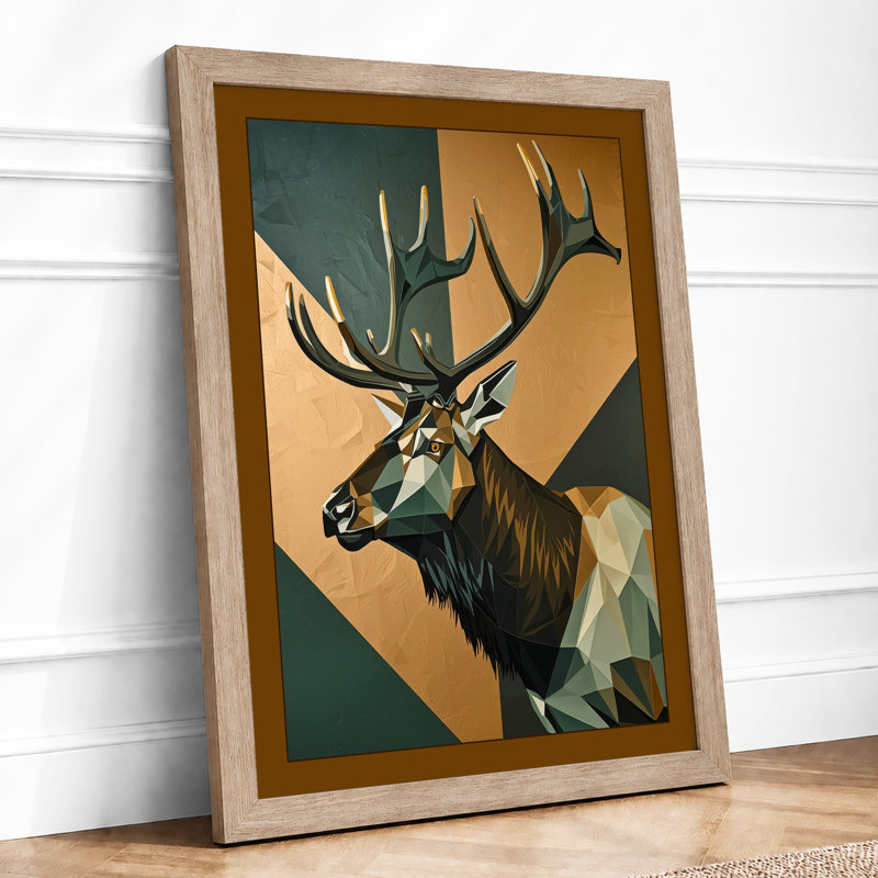 Geometric Deer Head Modern - Framed Print, Oak, A4 - 29.7 x 21.0 cm