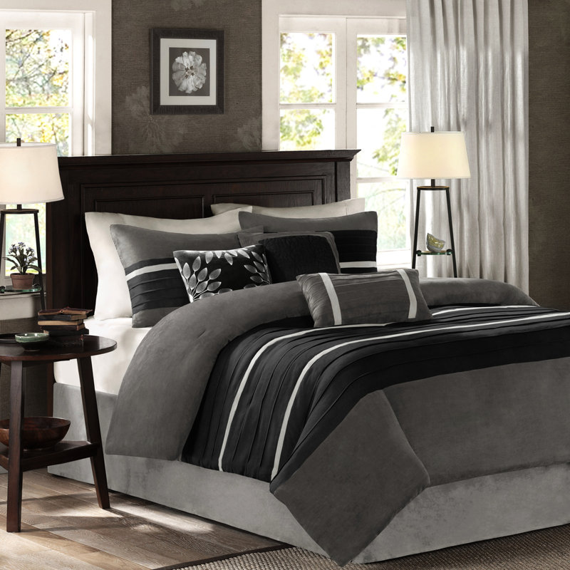 Édredon en faux suède noir 7 pièces - Coussins décoratifs 1 et 3 pour une chambre à coucher chic et douce, Noir