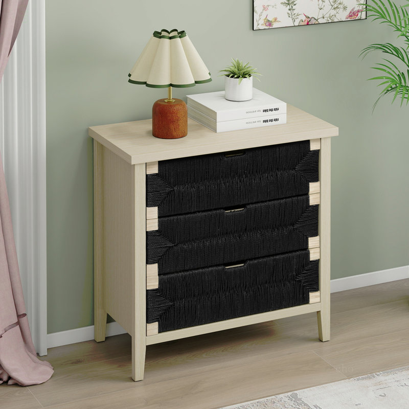 Buffet 3 tiroirs avec tablettes réglables, armoire de rangement avec tiroirs décoratifs en corde tissée à la main pour le salon