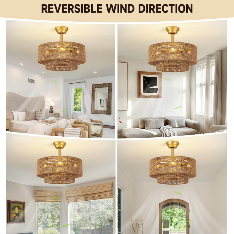 Boho Caged Fandelier with Lights Flush Mount Rattan Ceiling Fan with Lights and Remote Control, Enclosed 6 Speeds Low Profile Fan Light for Bedroom, Living Room, Kitchen