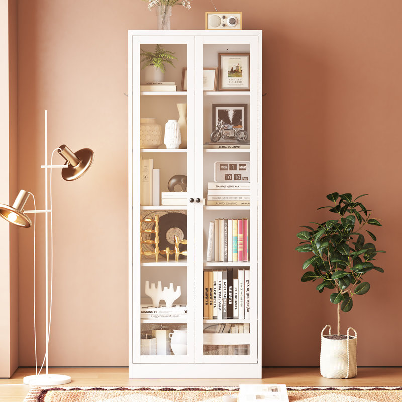 Armoire de rangement multi-pièces 72 po en métal blanc avec 2 portes vitrées pleine longueur et 5 tablettes réglables pour le linge de maison et les fournitures de bureau