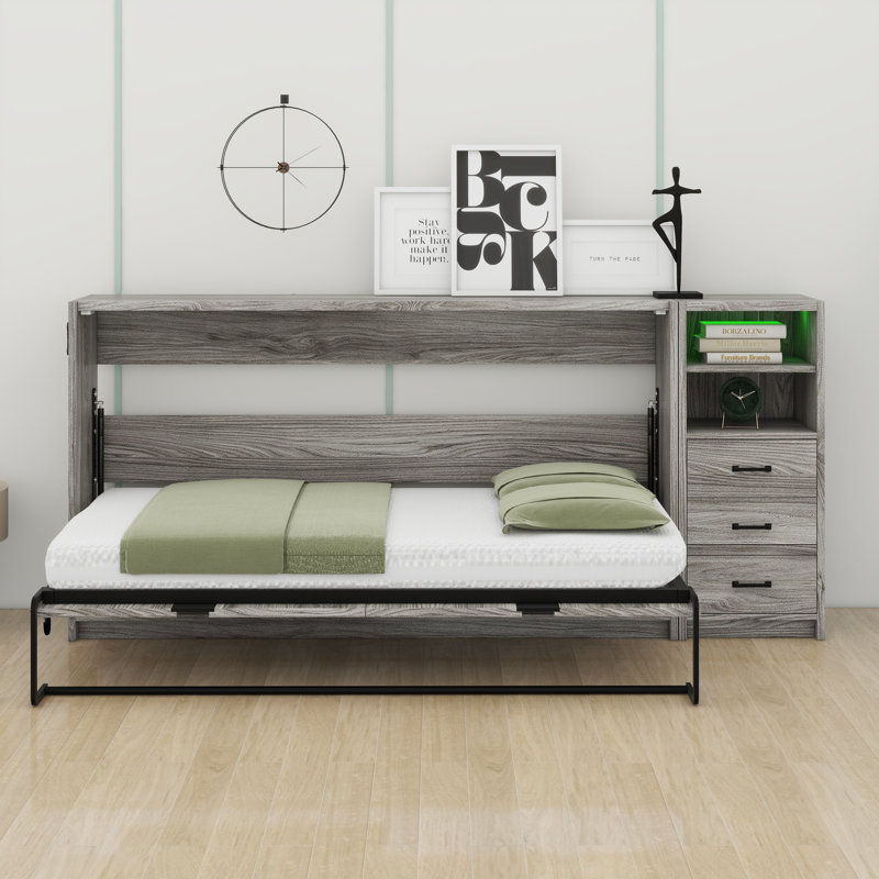 Lit escamotable simple avec tiroirs et éclairage à DEL, cadre en métal horizontal pour lit escamotable, armoire escamotable avec rangement Hideaway
