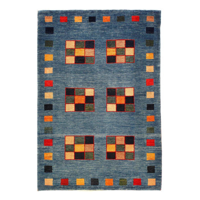 Tapis jaune / bleu à motif géométrique fait à la main 3 pi 4 po x 5 pi Lorayne