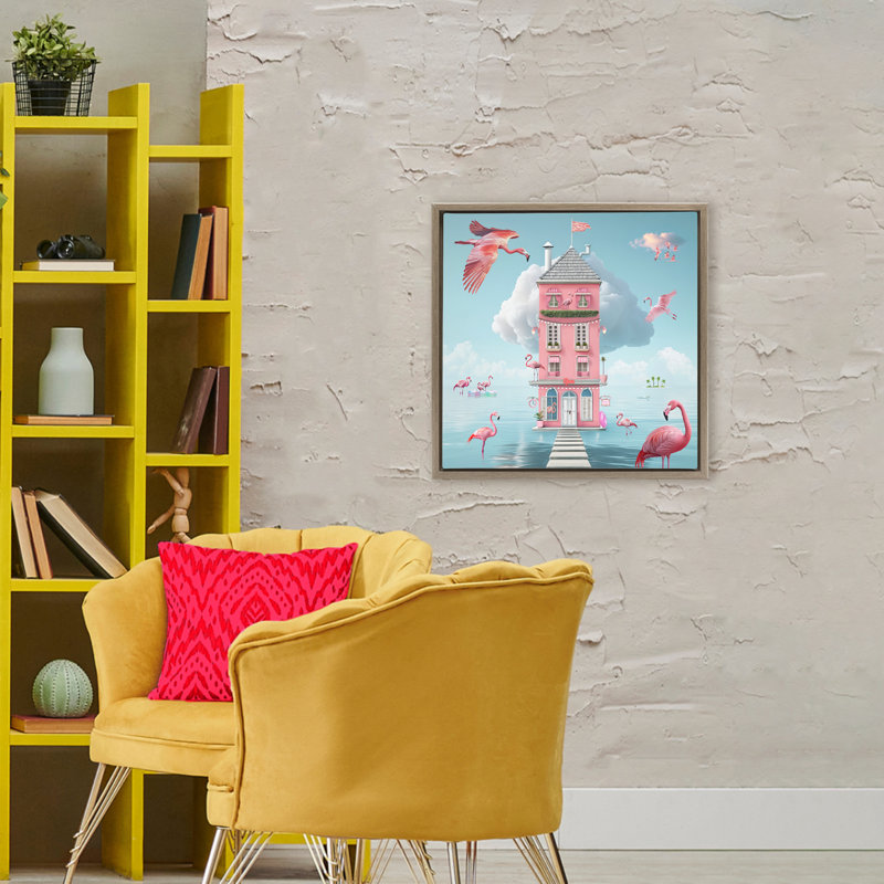 Hôtel Flamingo sur cadre flottant, design Lori Lea Studios, H 25 po x l 25 po, Cadre flottant orme Montalcino
