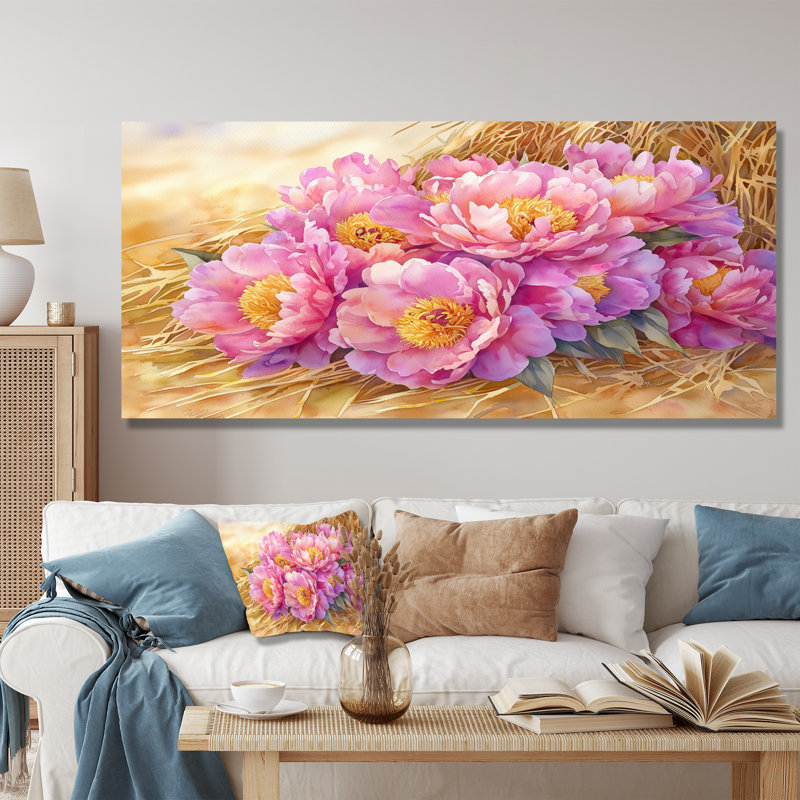 Olszewski ferme pivoines le long de la meule de foin III - pivoines, art mural pour le salon, H 28 po x l 60 po, Toile tendue