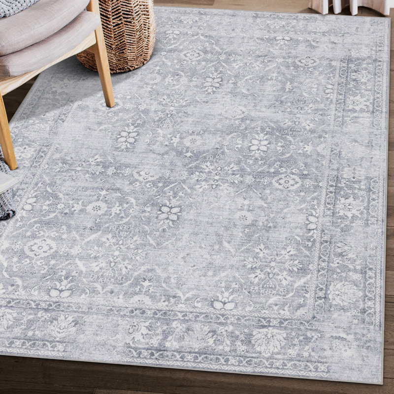 Roshun Noor Vintage Machine Washable Area Rugs, Rectangle 3' x 5', Silver Ivory