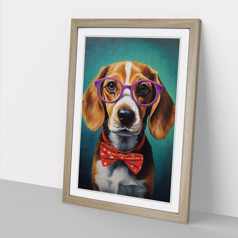 Beagle with Glasses Painting - Framed Print, Oak Framed, 34cm H x 25cm W x 2cm D