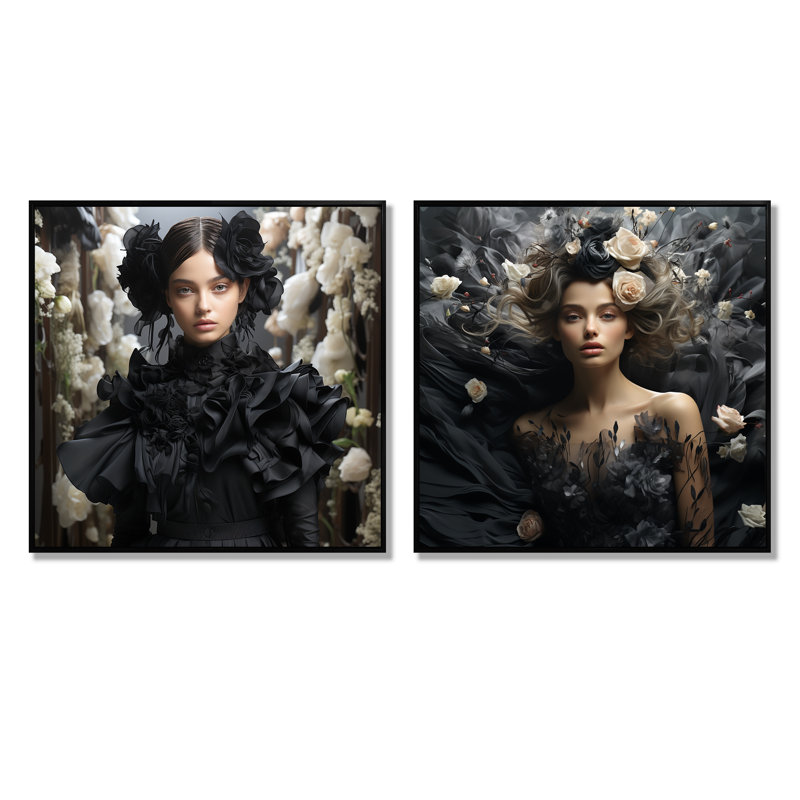 Ensemble de 2 décorations murales en coton noir et blanc Couture, Cadre flottant noir, H 16 po x l 33 po x P 1 po