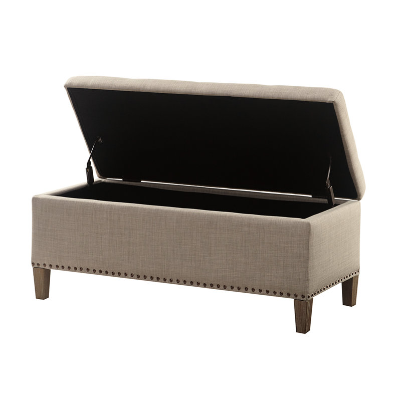 Grey Storage Bench With Interior Compartment, 42W X 18D 18H, Copper Nail Heads, Soft Close Grey, Lid, Details, Black, 400Lb Weight Capacity, 42" Long 18" Depth