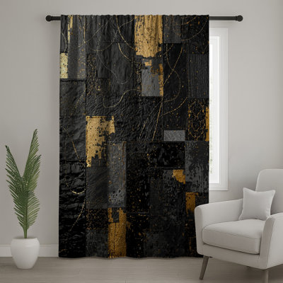 Black Abstract Patchwork Window Curtains, Patchwork Sheer & Blockout Curtains - 1 Panel