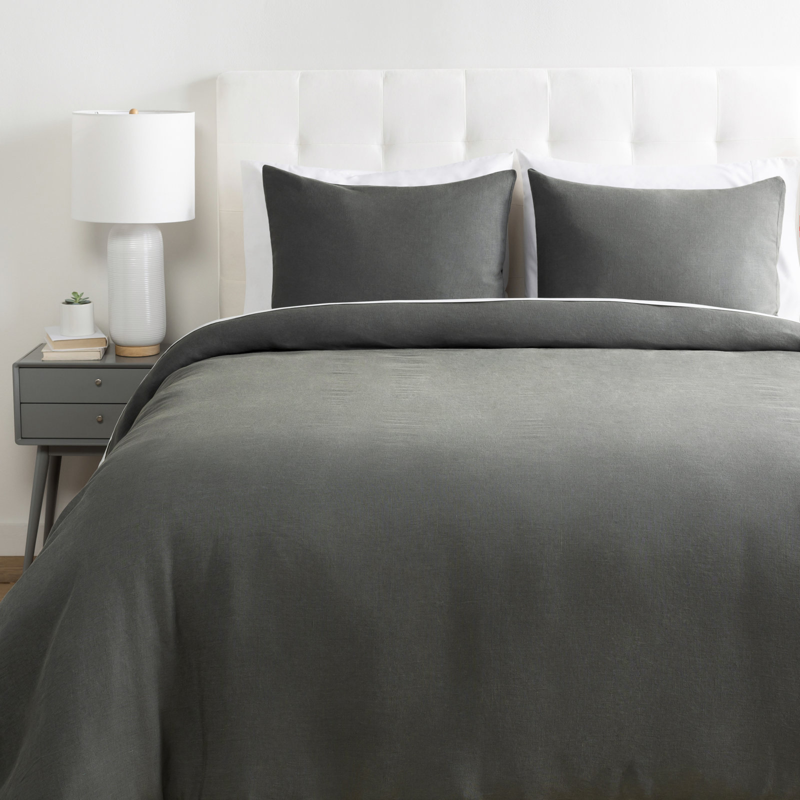 Pia Linen Duvet Cover Set, King Duvet Cover + 2 Shams, Dark Green