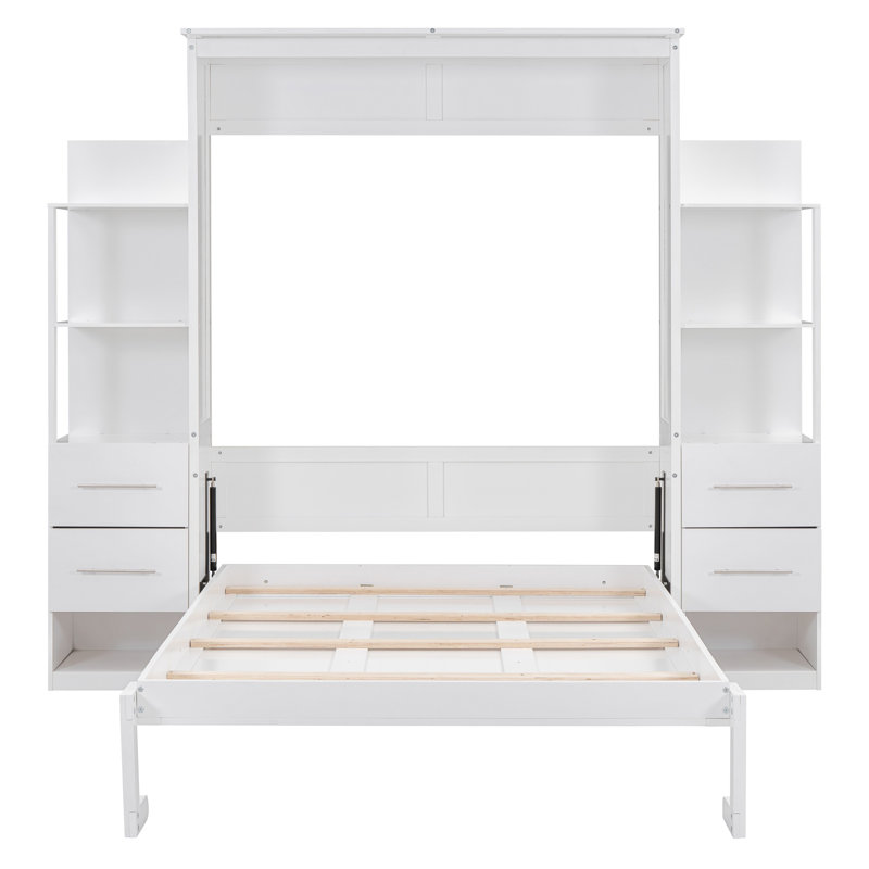 Hakancan Murphy Bed with Bookcase, Drawers and LED Lights, Full, White