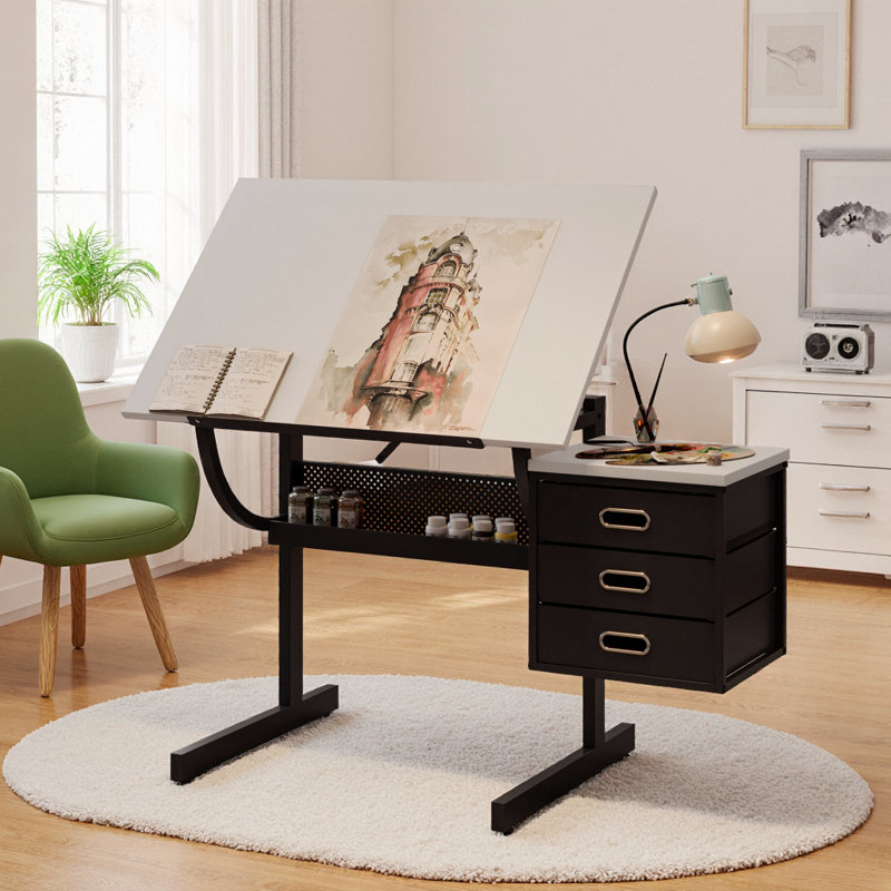 Table à dessin réglable blanche avec tiroirs de rangement et tabouret - Centre de création polyvalent