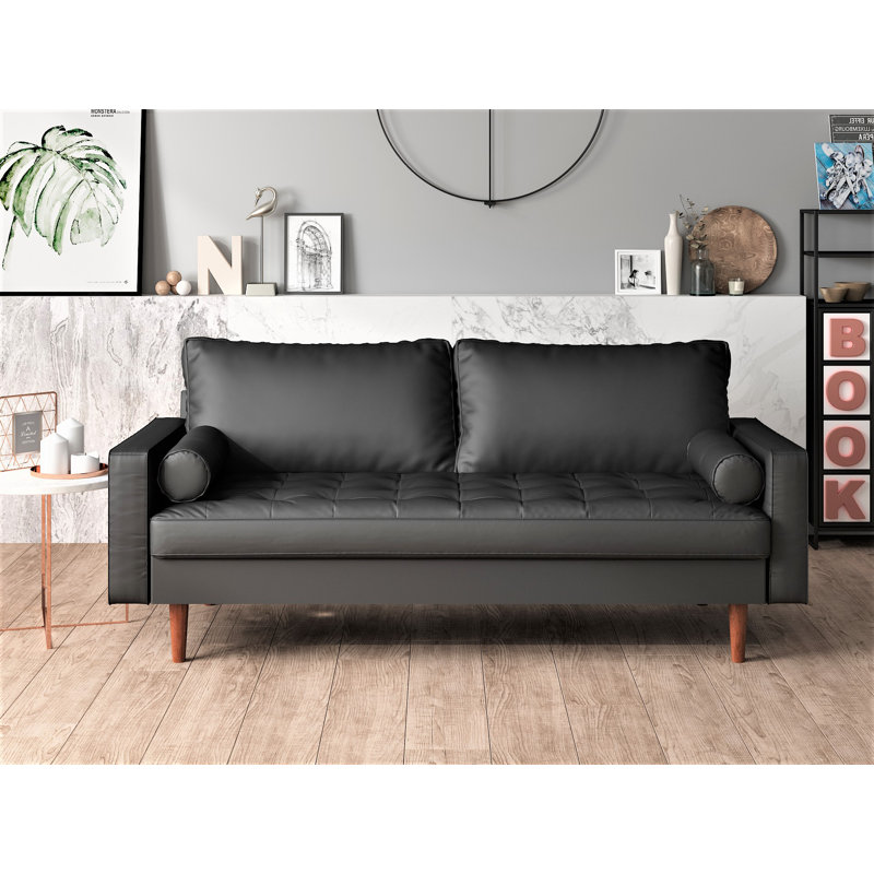Goodwyn 69.68'' Faux Leather Sofa, Black Faux Leather