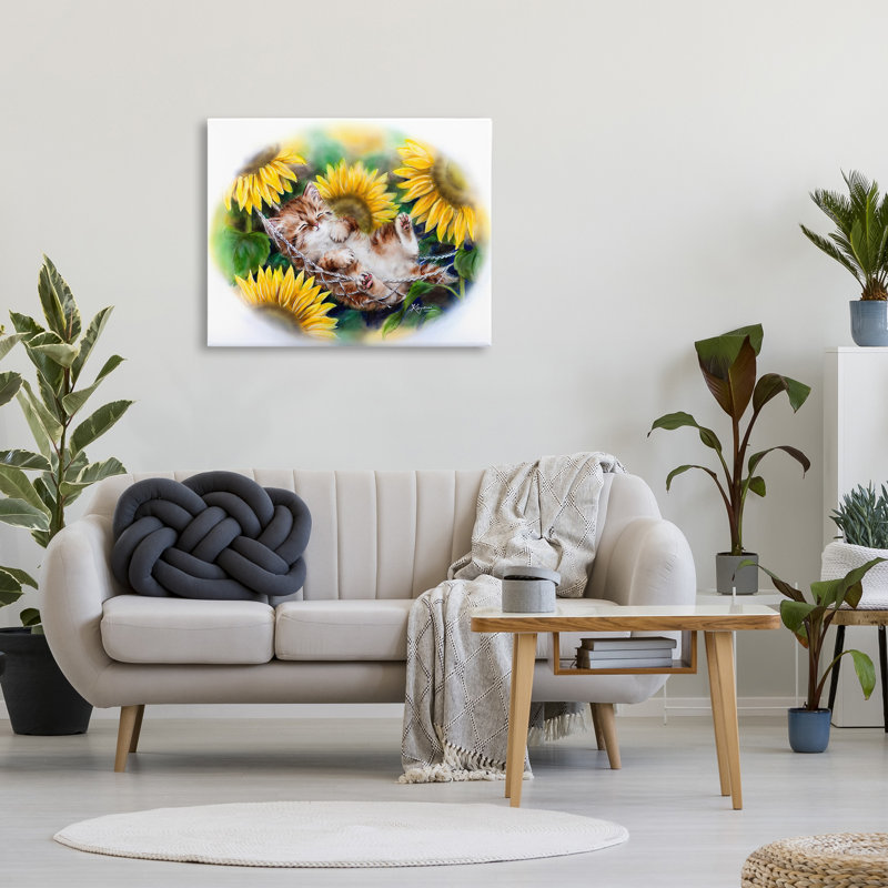 "Chaton endormi avec des tournesols" par Kayomi Harai sur toile, H 30 po x l 40 po